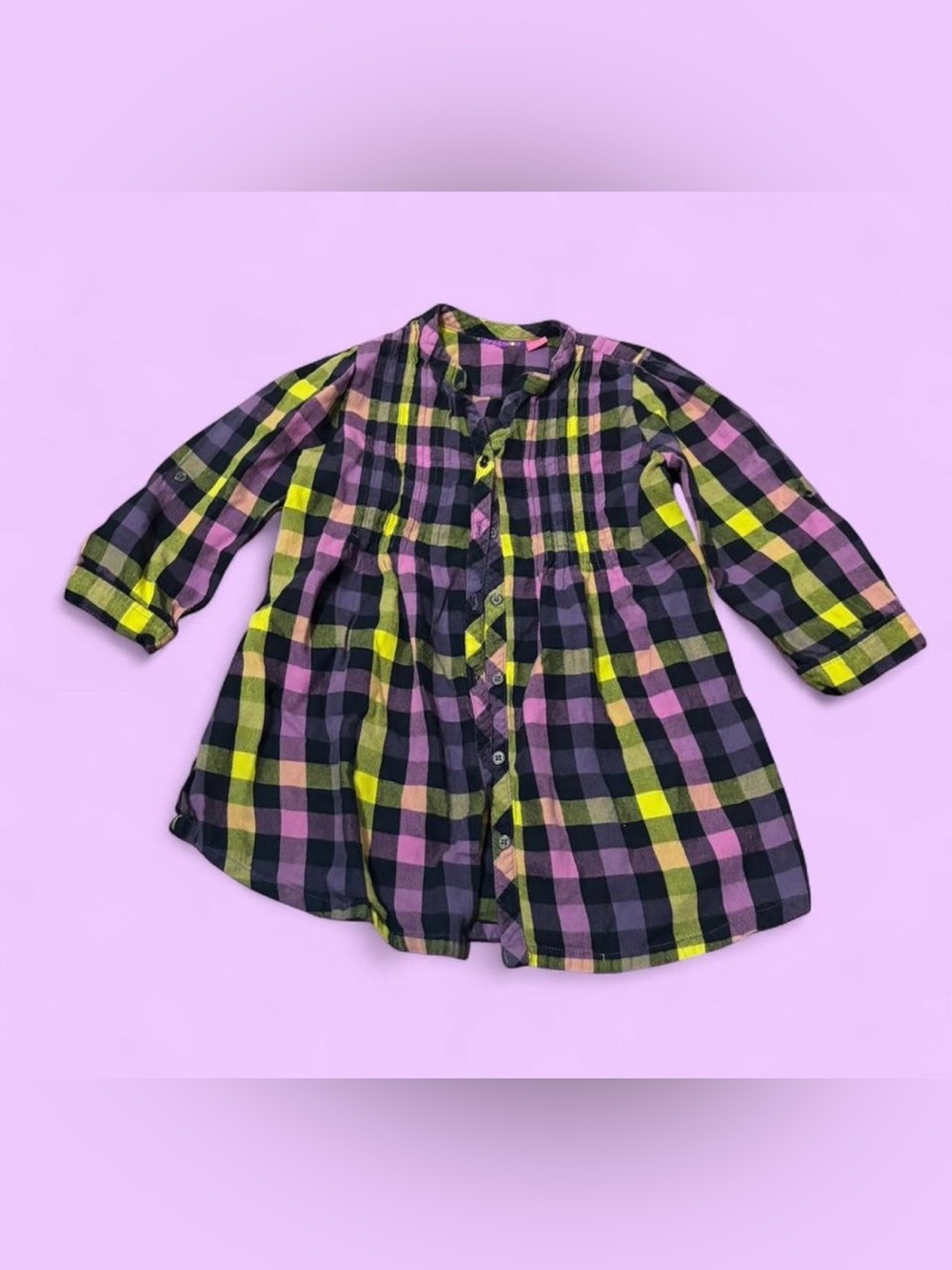 Greendog • Girls Plaid Button-Front Tunic Dress in Pink, Yellow & Navy